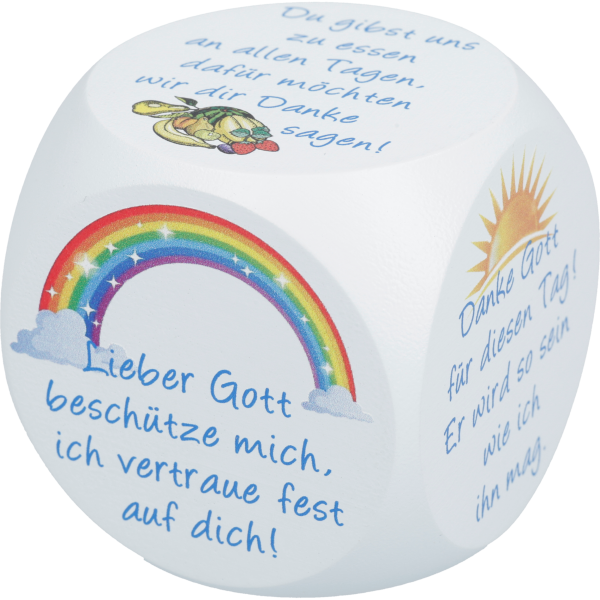 Gebetswürfel Kindergebete, Ahornholzrosa lackiert, bunt bedruckt, 49x49 mm