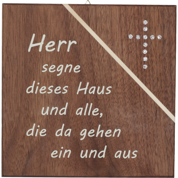 Haussegen 14x14cm,Nußbaum m. Kristallst.Motiv:"Herr segne dieses Haus..."