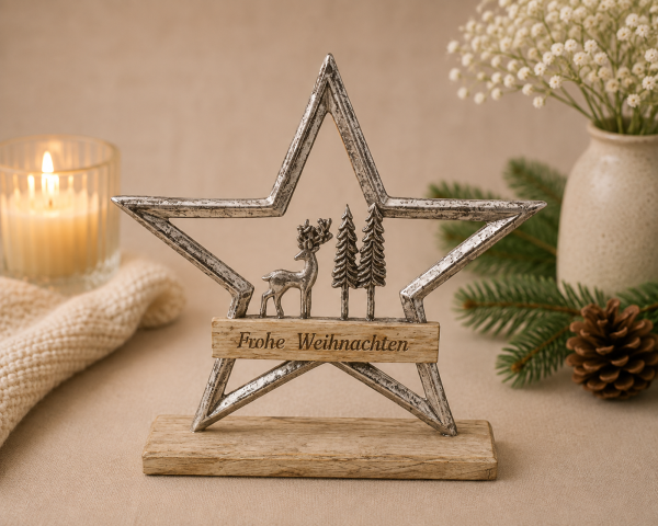 Metall Stern  Frohe Weihnachtenauf Holzsockel