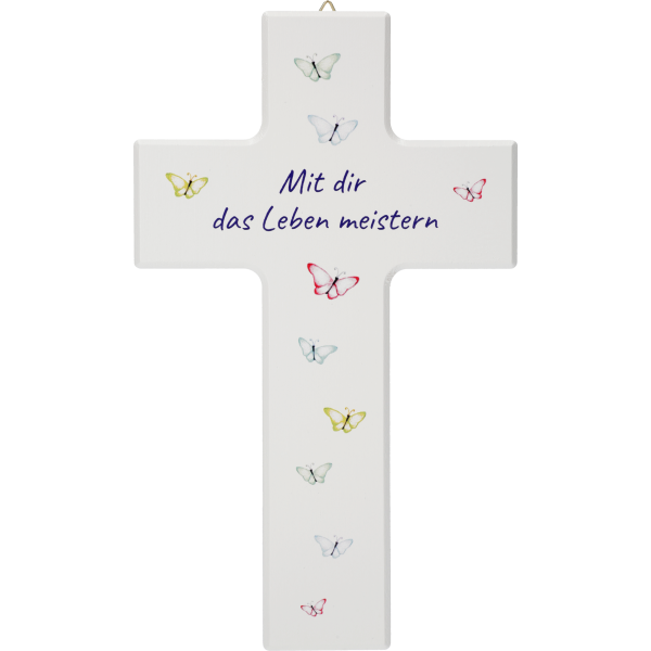 Kinderkreuz 20x12cm,Ahorn weiß lackiertMotiv:Schmetterlinge,"Mit dir..."