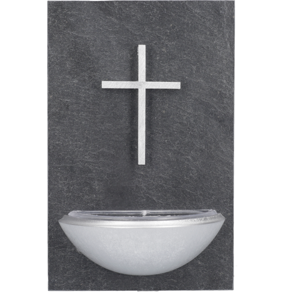 Weihkessel 14x9cm, Schiefer/HolzMotiv: Kreuz silber