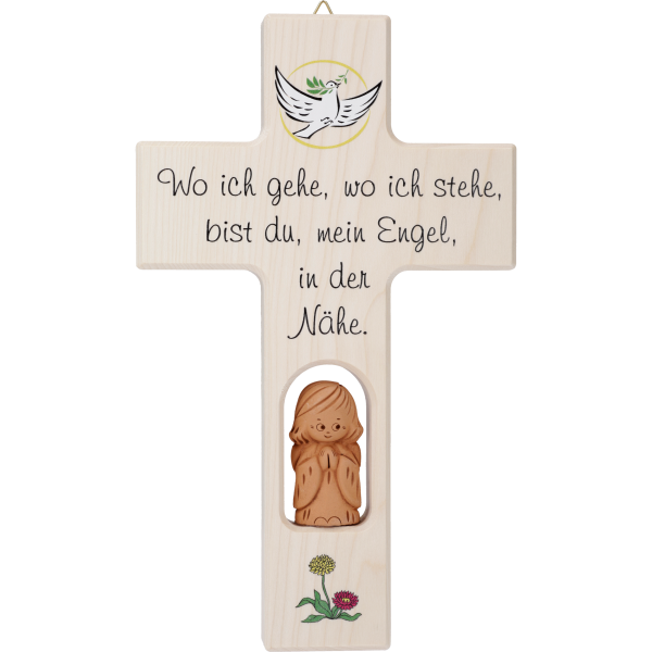 Kinderkreuz m. Tonengel "Wo ich gehe, woich...", Ahornholz, natur, 20 x 12 cm