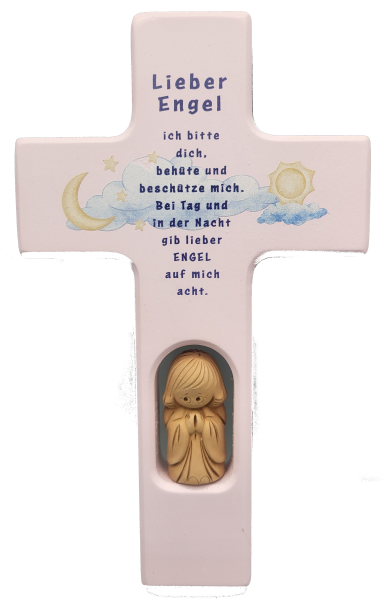 Kinderkreuz &quot;Mein Engel du..&quot; rosa mit Holzengel