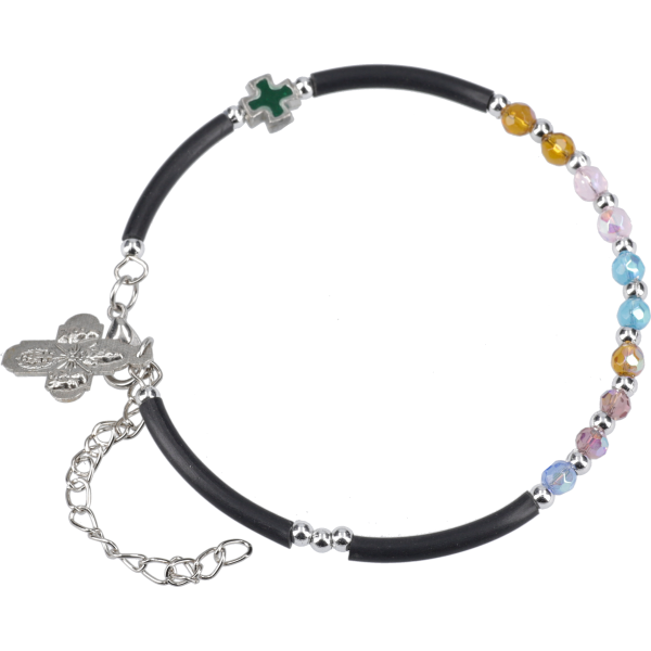 Armband mit 10 bunten Glasperlen, Kaut-schuksegm., Kreuzanh. u. Karabiner