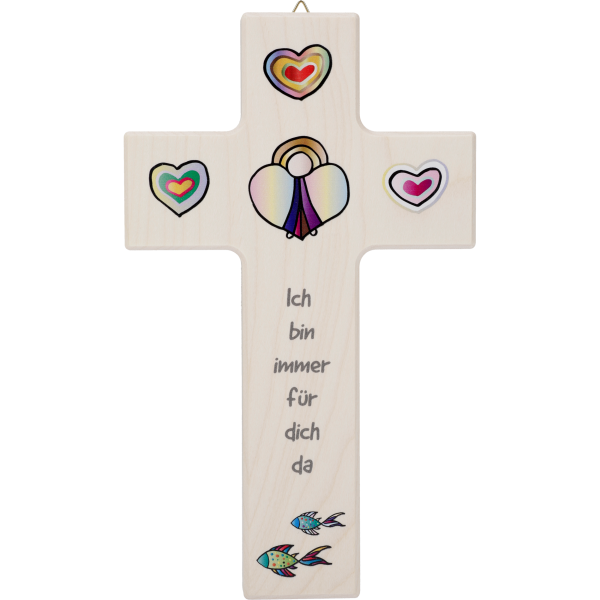 Kinderkreuz 20x12cm,Ahornholz naturMotiv:Engel mit Herz "Ich bin..."
