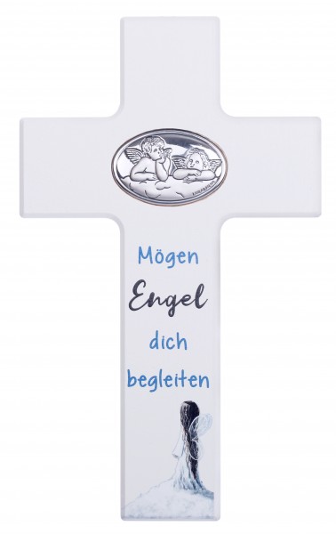 Kinderkreuz "Mögen Engel..."20x12 cm Schrift blau