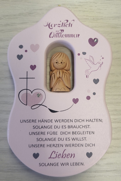 Wandtafel Geburt Taufe Rosam. Steinchen "Herzlich Willkommen"