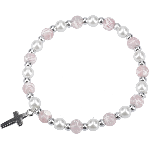 Armband aus Glasperlen, rosé-weißDehnbares Band, mit Kreuz