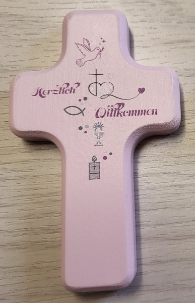 Minikreuz "Taufe Herzlich Willkommen"rosa lackiert 10x6 cm