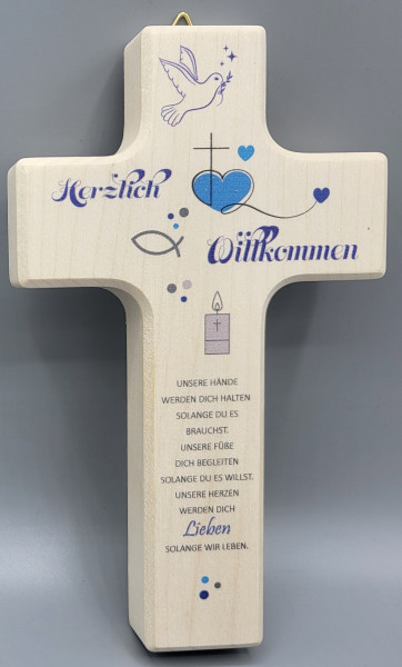 Kinderkreuz natur 15x9 cm blaue Schrift"Herzlich Willkommen"