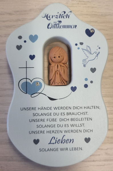 Wandtafel Geburt Taufe blau"Herzlich Willkommen" m. Steinchen