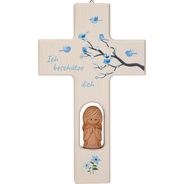 Kinderkreuz, Ahornholz, Lebensbaum Kind20x12cm, blau, Swarovski