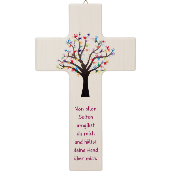 Kinderkreuz 15x9cm,Ahornholz naturMotiv: Lebensbaum Kinderhände