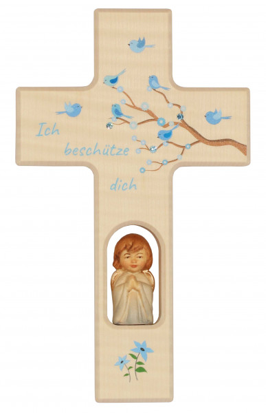 Kinderkreuz blau 20x12 ABVERKAUF m. Holzengel und Steinen