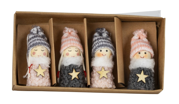 Holzpüppchen grau/rosa mit Stoffkleidzum Hängen h=7cm sort. in Box, VE=4