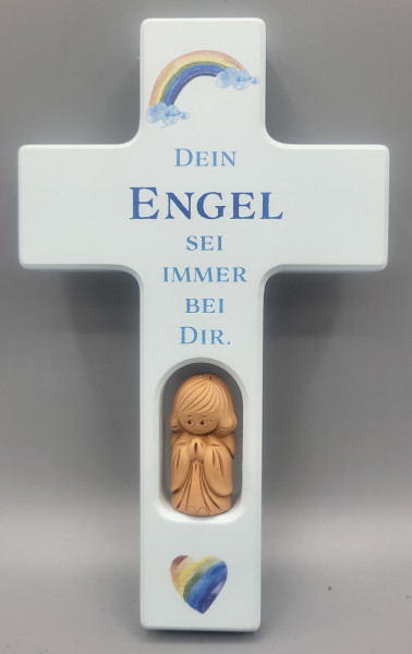 Kinderkreuz "Dein Engel...." blau 20x12 cm m. Tonengel