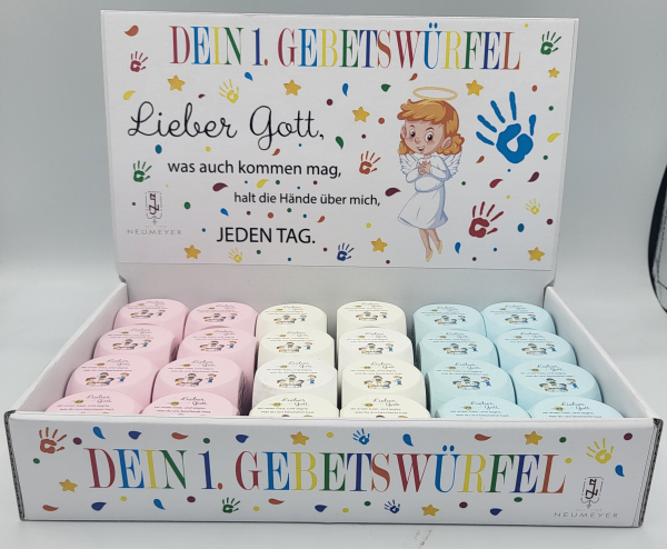 Display Miniwürfel Mein 1. Gebetswürfel blau,rosa,weiß VE=24 Stück