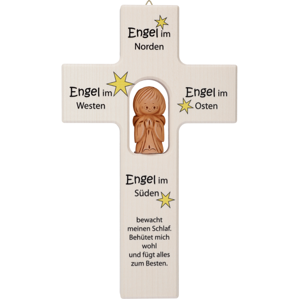 Kinderkreuz m. Tonengel "...bewacht meinSchlaf", Ahornholz, natur, 20 x 12 cm