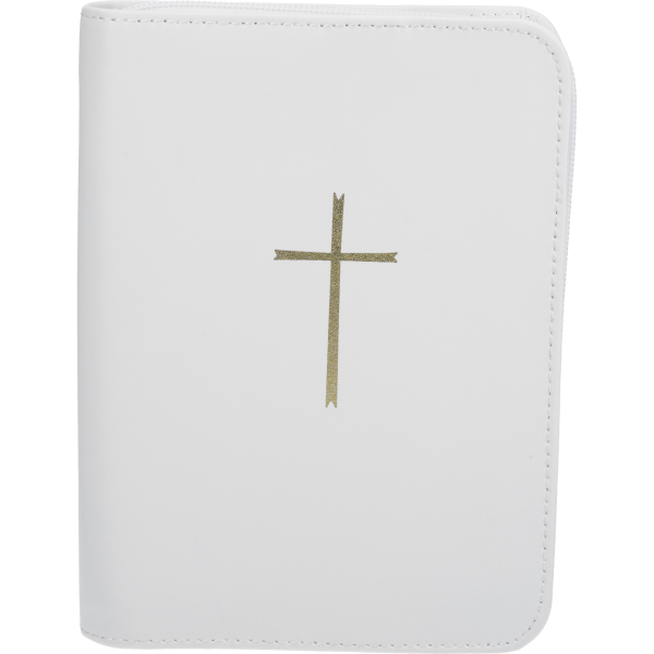 Gebetbuchhülle, Echt Leder, weißmit Reißverschluß, mit goldenem Kreuz