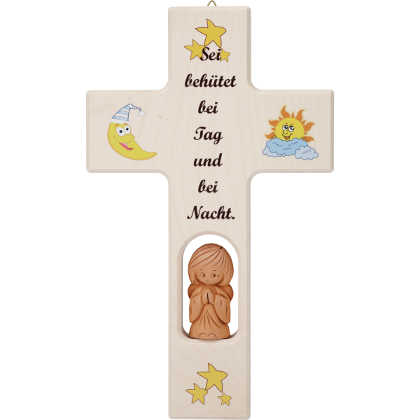 Kinderkreuz m. Tonengel "Sei behütet..."Ahornholz, natur, 20 x 12 cm