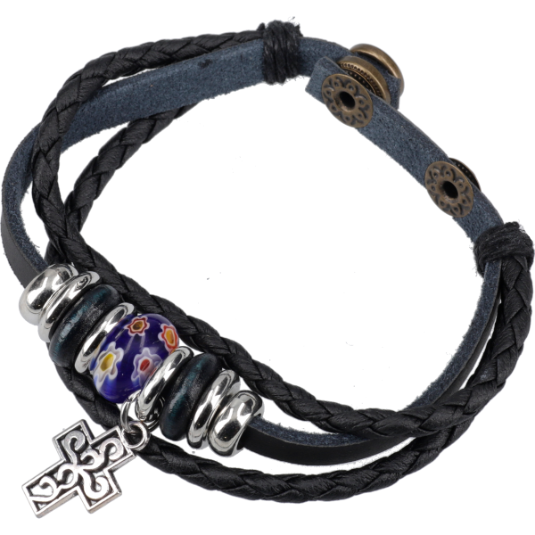 Armband m. Leder geflochten u. glattschwarz m. Glasperle blau