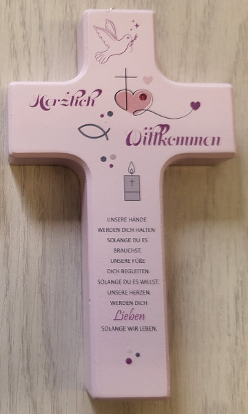 Kinderkreuz rosa 15x9 cm m. Steinchen"Herzlich Willkommen"