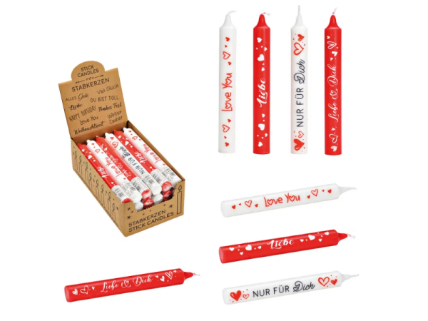 Display "Kerzen Liebe" Kerzen mit Spruch4-fach soritert VE= 24 Stück