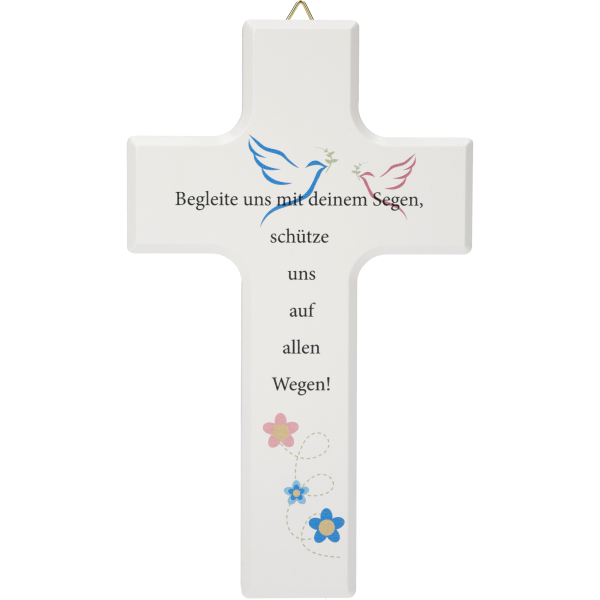 Kinderkreuz, Ahornholz, Begleite uns...15x9cm, weiß