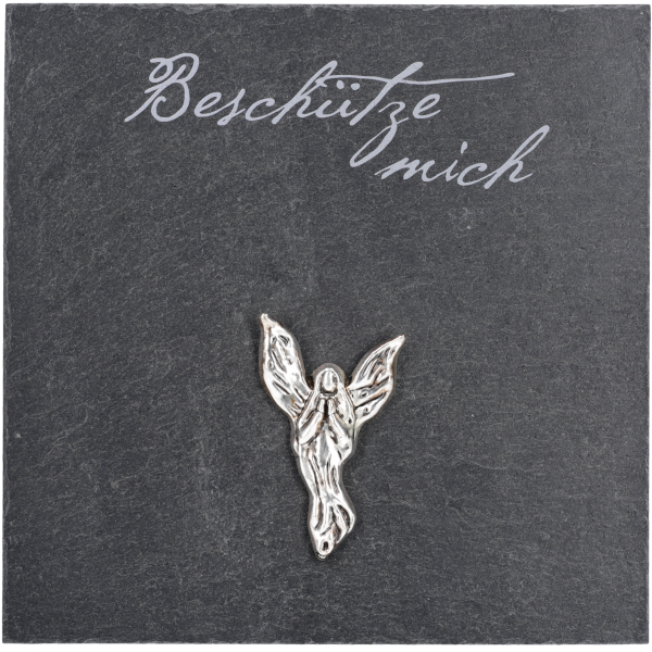 Schiefertafel m. Metallengel, bedrucktSilber, 13x13cm