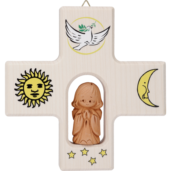 Kinderkreuz m. Tonengel "Taube/Sonne/Mond/Sterne" Ahornholz, natur, 12 x 12 cm