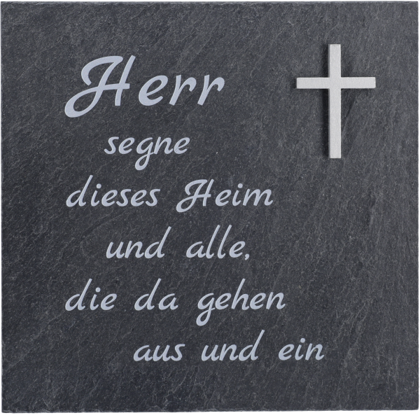 Schiefertafel Haussegen "Heim", bedrucktMit Kreuz 13x13cm