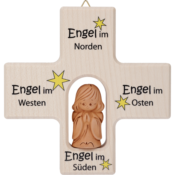 Kinderkreuz m. Tonengel "Osten/Süden/Westen/Norden" Ahornholz, natur, 12 x 12 cm