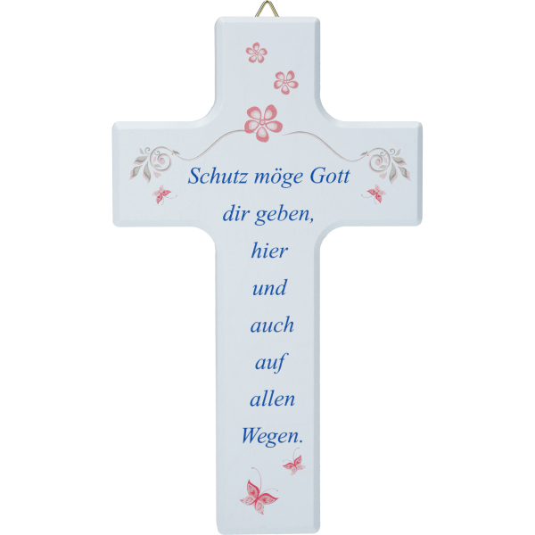 Kinderkreuz "Schutz möge Gott ..."Ahornholz, blau lackiert, 15 x 9 cm