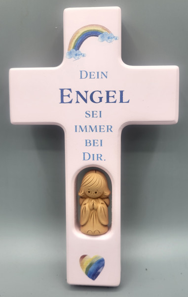 Kinderkreuz "Dein Engel..." rosa 20x12 cm m. Tonengel