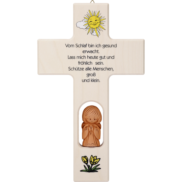Kinderkreuz m. Tonengel "Vom Schlaf binich ..." Ahornholz, natur, 20 x 12 cm