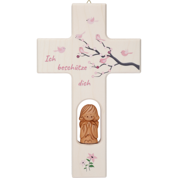 Kinderkreuz m. Tonengel, Lebensbaum Kind20x12cm, rosa, Swarovski