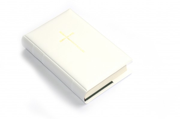 Gebetbucheinband, Kunststoff weiß, Kreuz mit goldenem Kreuz, VE = 10 Stück