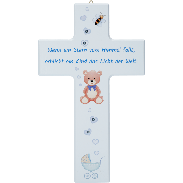 Kinderkreuz, Ahornholz, Wenn ein Stern..20x12cm, blau, m. Swarovski