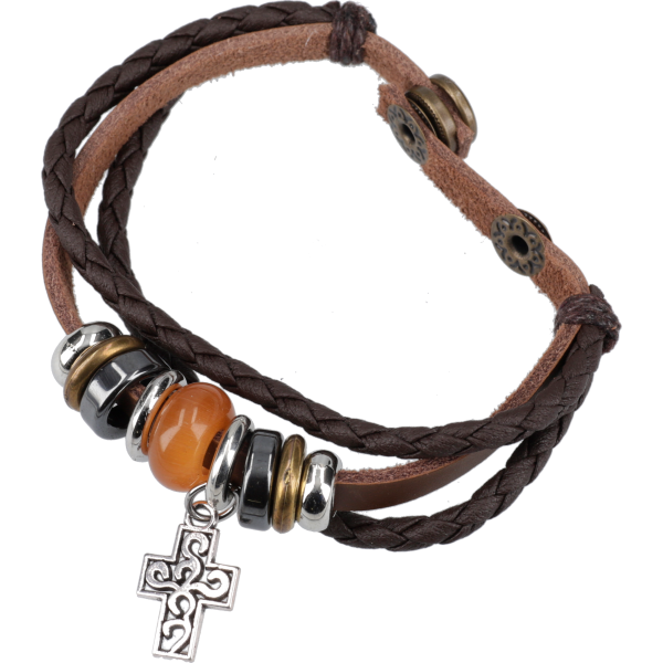 Armband m. Leder geflochten u. glattGlasperle apricot
