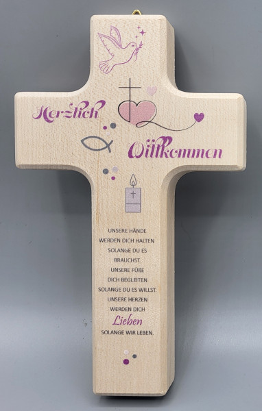 Kinderkreuz natur 15x9 cm rosa Schrift"Herzlich Willkommen"