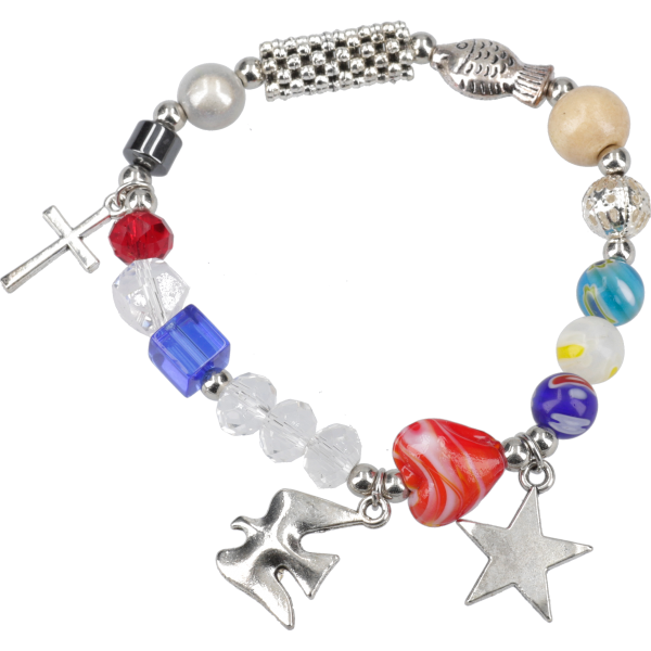Armband "Das Leben Jesu" m. Charmsu. Perlen, mit 4-sprach. Begleitheft