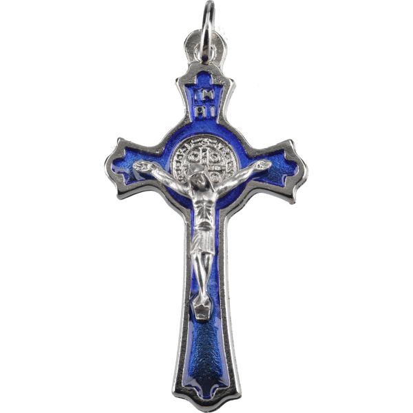 Benediktuskreuz, Metall, silbermit blauer Einlage, 5 cm, im Polybeutel