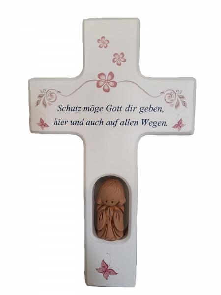Kinderkreuz "Schutz möge Gott" weiß20x12 cm m. Tonengel
