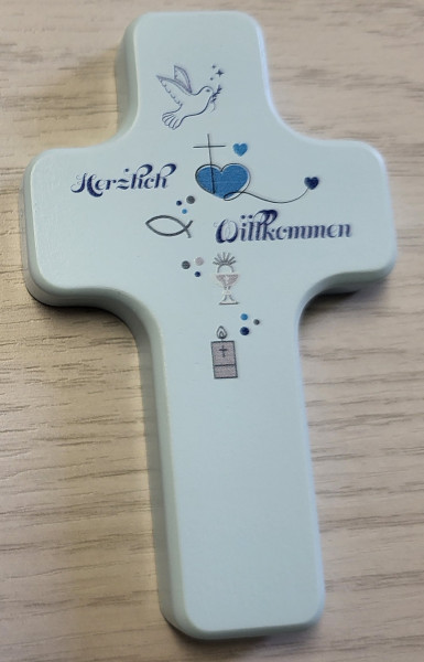 Minikreuz "Taufe Herzlich Willkommen"blau lackiert 10x6 cm