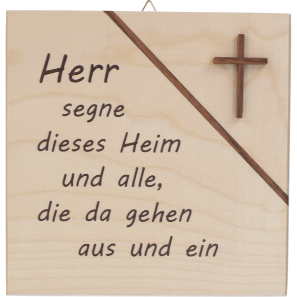 Haussegen, Ahorn mit Nußbaum-Kreuz14x14 cm, "Herr segne dieses Heim" im GK