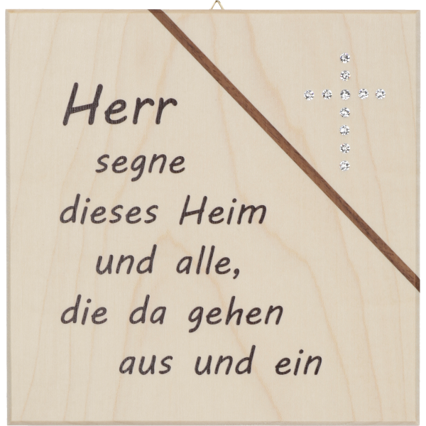 Haussegen 14x14cm,Ahornholz m. Kristall.Motiv:"Herr segne dieses Heim..."