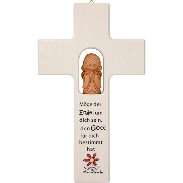 Kinderkreuz m. Tonengel "Möge derEngel ..."  Ahornholz, natur, 20 x 12 cm