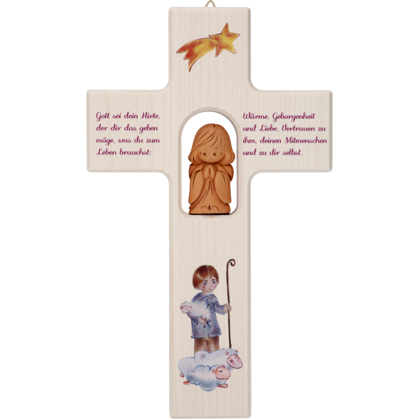 Kinderkreuz m. Tonengel "Gott sei deinHirte..." Ahornholz, natur, 20 x 12 cm