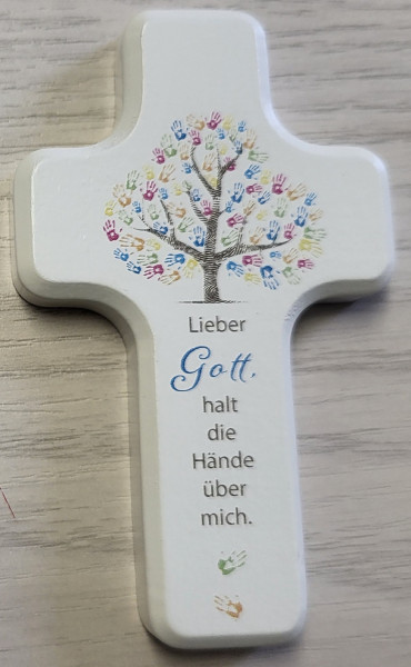 Kinderkreuz weiß lackiert 10x6 cm"Lieber Gott...."