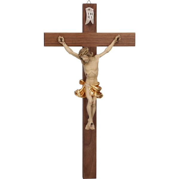 Hängekreuz, Nussbaum-Holz, braun 30 cmmit Holz-Korpus, geschnitzt, gold 14 cm